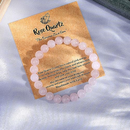 MAIBAOTA Healing Crystal Bracelet for Women Men, 8/4 mm Natural Stone Beaded Bracelets, Jewelry Birthday Gifts, Round Gemstones Stretch Bracelets - color: Pink-Rose Quartz, size: 8 mm