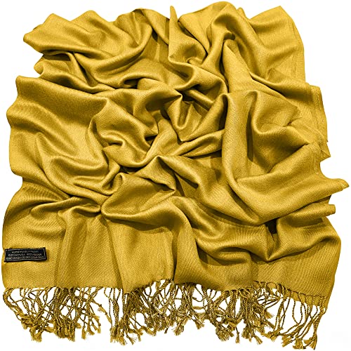 CJ Apparel Solid Color Tassels Design Nepalese Shawl Scarf Wrap Stole Throw Head Wrap Pashmina Gift Hand Made in Nepal New - color: Amber Yellow