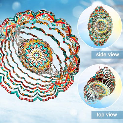 Mandala Wind Spinner - Lucky Star Design | 12-Inch Laser Cut Stainless Steel, Kinetic Hanging Wind Sculpture for Garden, Porch, Patio, Home | Outdoor 3D Metal Windcatcher & Yard Art - color: Mandala Lucky Star