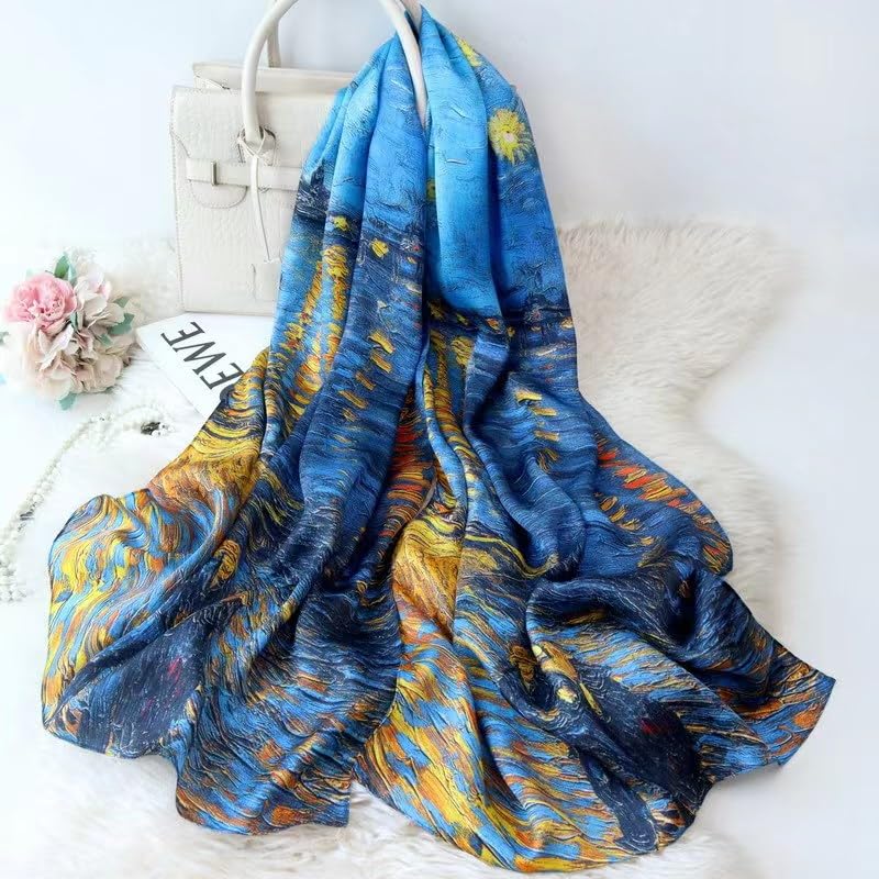 100% Mulberry Silk Long Scarf for Women Large Shawls for Headscarf and Neck- Oblong Hair Wraps with Gift Packed - color: Oil Painting
