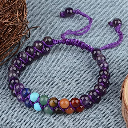 MASSIVE BEADS Double Layer Natural Chakra Healing Power Crystals Macrame Bracelet Yoga Stone Beads Gemstone Meditation Relax Anxiety Bangle for Unisex Women Men - color: 7-Chakras&Amethyst, size: 4mm
