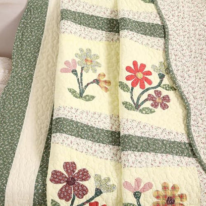 vctops 100% Cotton Quilted Throw Blanket 50x60 Inch Floral Embroidered Reversible Patchwork All Season Throw (Green A,50"x60") - color: Green a