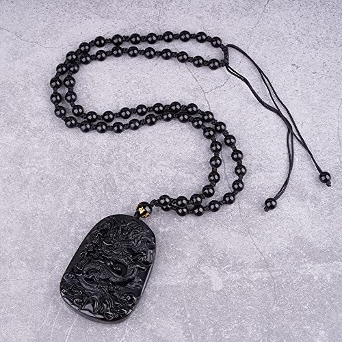 Black Obsidian Necklace Natural Crystal Amulet Protection Pendant with Adjustable Rope Lucky Talisman Necklaces Jewelry Gift for Men Women - color: Dragon