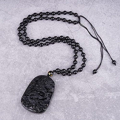 Black Obsidian Necklace Natural Crystal Amulet Protection Pendant with Adjustable Rope Lucky Talisman Necklaces Jewelry Gift for Men Women - color: Dragon