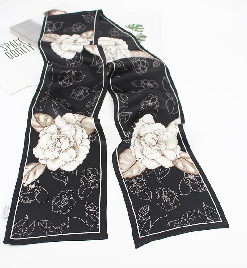 100% Silk Scarf for Women 59”*6.3” Long Shawls for Headscarf and Neck- Oblong Hair Wraps with Gift Packed - color: Black&white Camellia Flowers