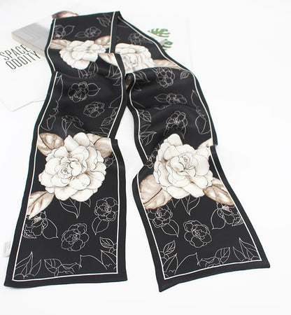 100% Silk Scarf for Women 59”*6.3” Long Shawls for Headscarf and Neck- Oblong Hair Wraps with Gift Packed - color: Black&white Camellia Flowers