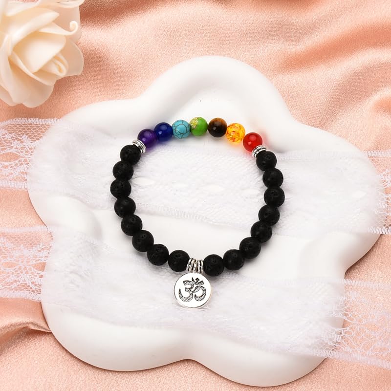 Chakra Bracelets for Women Men 8mm Buddhist Yoga Bead Bracelet with Black Lava Stone Bracelet Elastic Meditation Accessories - color: Color A