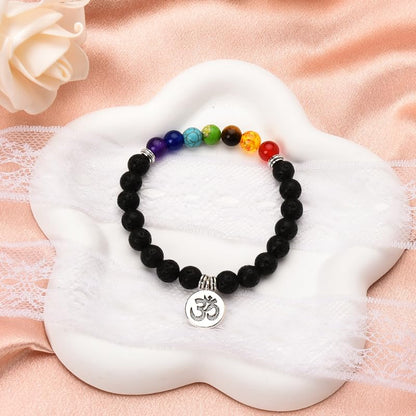 Chakra Bracelets for Women Men 8mm Buddhist Yoga Bead Bracelet with Black Lava Stone Bracelet Elastic Meditation Accessories - color: Color A