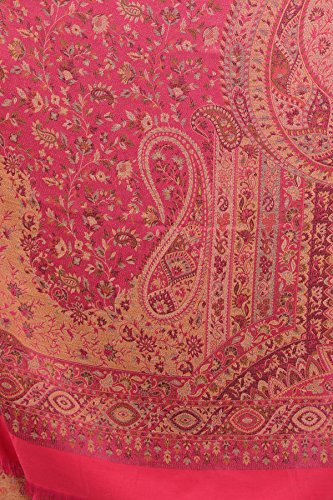 Exotic India Reversible Jamawar Shawl with Woven Paisleys - Wool - color: Hot Pink
