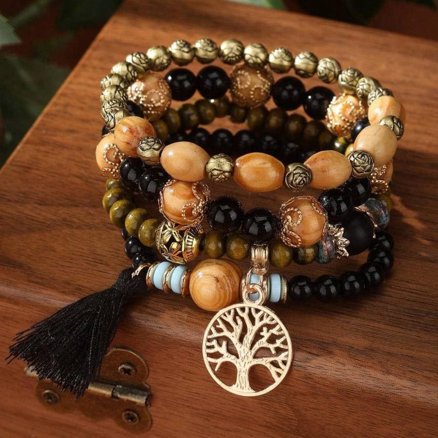 Bohemian Layered Wood Bead Bracelet Set, Elastic Stackable Bracelets with Tree of Life Charm & Tassel - color: Black