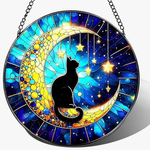 8 Inch Stained Glass Suncatcher Ornament, DOUHASU Black Cat Sun Catchers Indoor Window, Stained Glass Window Hanging, Indoor Decor, Home Decor Gift, Gifts for Cat Lovers, Pet Lover Gift - color: Black Cat