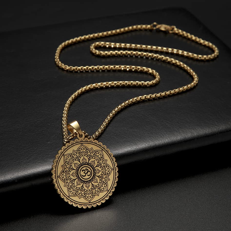 Mandala Om Aum Ohm Men's Necklace Sanskrit Symbol Om Aum Ohm Spiritual Amulet Indian Lotus Mandala Yoga Pendant Religious Jewelry Men - color: Mandala gold