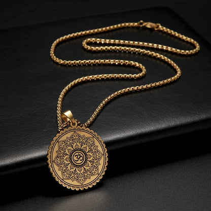 Mandala Om Aum Ohm Men's Necklace Sanskrit Symbol Om Aum Ohm Spiritual Amulet Indian Lotus Mandala Yoga Pendant Religious Jewelry Men - color: Mandala gold