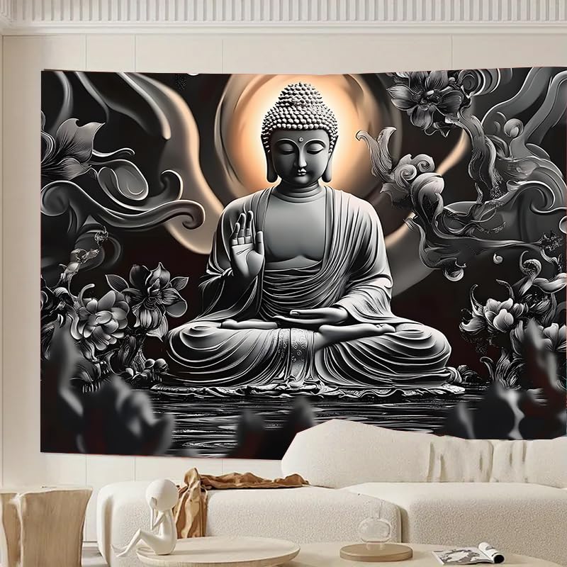 FENDROM Meditation Tapestry,Black Lotus Spiritual Gloden Buddha Zen Happiness Wall Hanging Large Psychedelic Tapestries Decorations Bedroom Living Room Dorm