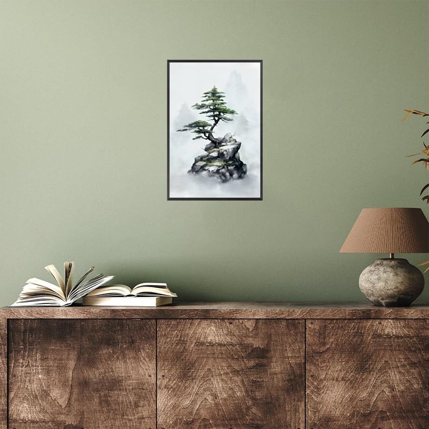 Japan Zen Canvas Wall Art Misty Pine Tree Meditation Poster Japanese Mountain Top Bonsai Peaceful Aesthetic Prints Painting For Spa Yoga Bedroom Wall Decor 12x16in Unframed