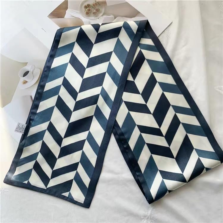 100% Silk Scarf for Women 59”*6.3” Long Shawls for Headscarf and Neck- Oblong Hair Wraps with Gift Packed - color: White&blue Geometry