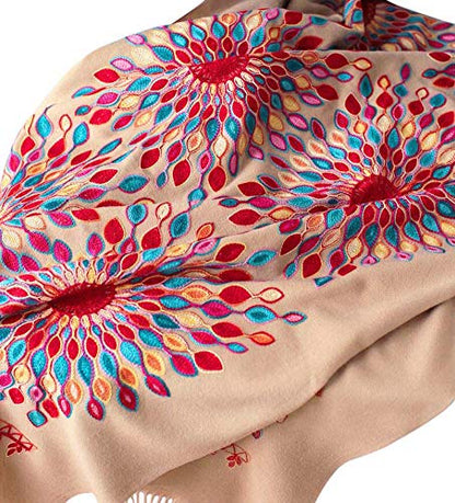 Urban CoCo Women's Embroidered Oversize Tassel Shawl Scarf Wraps for Women - color: Camel