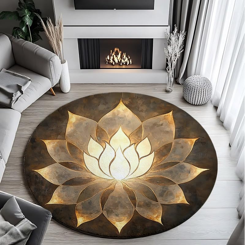 Golden Lotus Round Rug Flannel Meditation Yoga Mat Indoor Living Room Decor Rug for Meditation, Game & Outdoor Portable Seat Cushion (120 * 120cm/47.2 * 47.2inch)