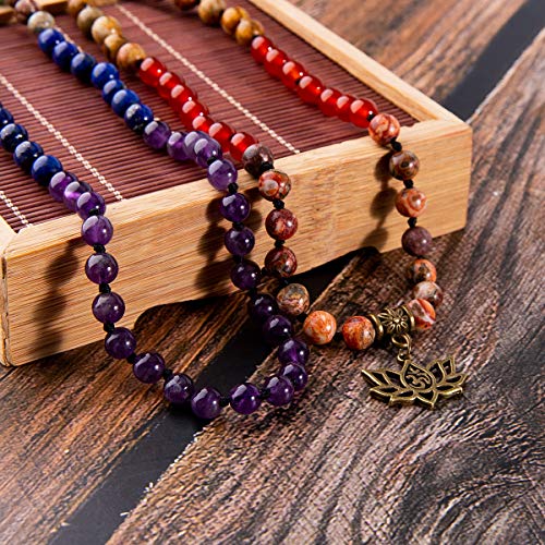 Bivei 7 Chakra 108 Mala Beads Bracelet Real Gemstone Yoga Meditation Hand Knotted Mala Prayer Bead Necklace - size: 6mm, style: # Lotus OM - 7 Chakras