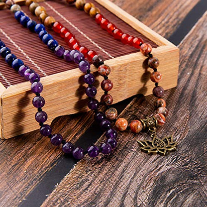 Bivei 7 Chakra 108 Mala Beads Bracelet Real Gemstone Yoga Meditation Hand Knotted Mala Prayer Bead Necklace - size: 6mm, style: # Lotus OM - 7 Chakras