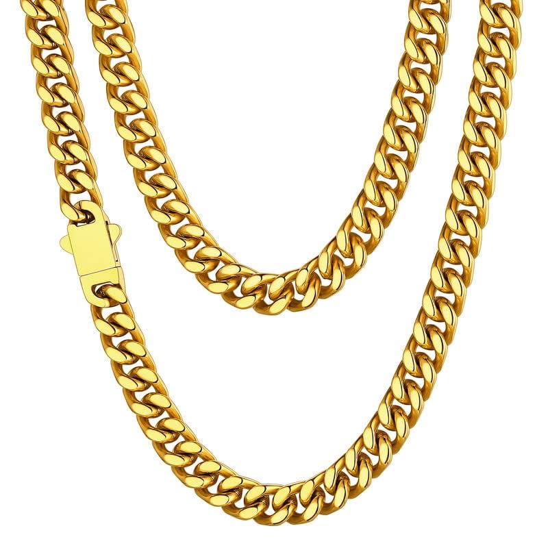 ChainsHouse Stainless Steel Mens Cuban Link Chain, Black/ 18K Gold Plated Miami Cuban Chain Necklace, 5mm/7mm/9mm/12mm/14mm Width, No Tarnish& Durable Hip Hop Mens Jewelry, 18"-30", Send Gift Box - color: e. 7mm width-gold, size: 20 inches