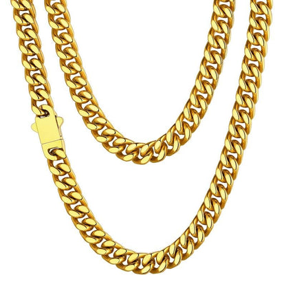 ChainsHouse Stainless Steel Mens Cuban Link Chain, Black/ 18K Gold Plated Miami Cuban Chain Necklace, 5mm/7mm/9mm/12mm/14mm Width, No Tarnish& Durable Hip Hop Mens Jewelry, 18"-30", Send Gift Box - color: e. 7mm width-gold, size: 20 inches