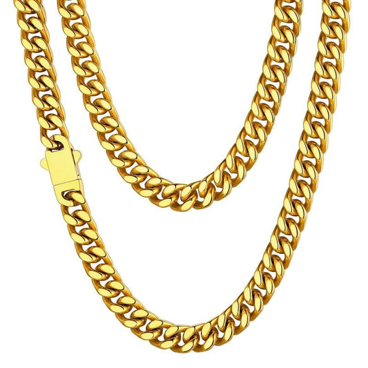 ChainsHouse Stainless Steel Mens Cuban Link Chain, Black/ 18K Gold Plated Miami Cuban Chain Necklace, 5mm/7mm/9mm/12mm/14mm Width, No Tarnish& Durable Hip Hop Mens Jewelry, 18"-30", Send Gift Box - color: e. 7mm width-gold, size: 20 inches