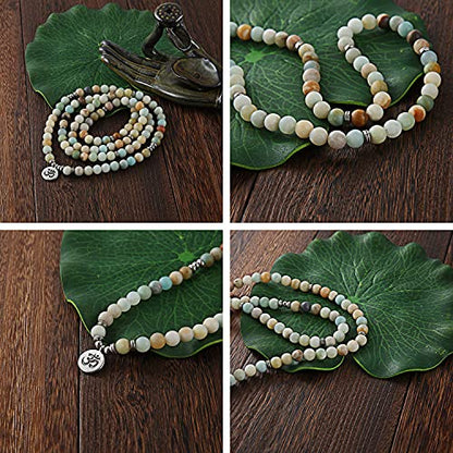 8mm 108 Mala Beads Wrap Bracelet Necklace for Yoga Charm Bracelet Natural Gemstone Jewelry for Women Men - color: OM Matte Amazonite Stone
