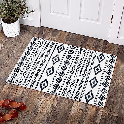 Lahome Boho Moroccan Washable Area Rug, Ultra-Thin Soft 2x3 Kitchen Rugs Non Slip Rubber Backing, Farmhouse Geometric Print Pattern Small Throw Rug Indoor Door Rug for Entryway Bedroom Varena - color: White/Black, size: 2' x 3'