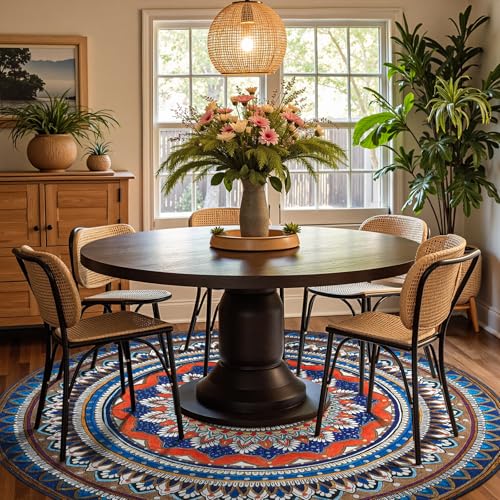 jinchan Mandala Round Rug 8ft Blue Rustic Boho Washable Rug Tribal 8' Round Vintage Peaceful Circle Rug Soft Non Slip Large Low-Profile Carpet for Dining Room Living Room Bedroom Patio, Saffron Blue - color: Saffron Blue, size: 8' (Round)