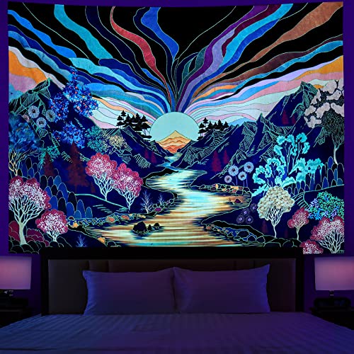 Dermijer Blacklight Forest Mountain Tapestry Sun Tapestry UV Reactive Retro Landscape Tapestries Black Light Watercolor Flower Trees Wall Art Tapestries Wall Hanging for Home Decor 92.5L x 70.8W - color: Green, size: 90.2"L x 70.8"W