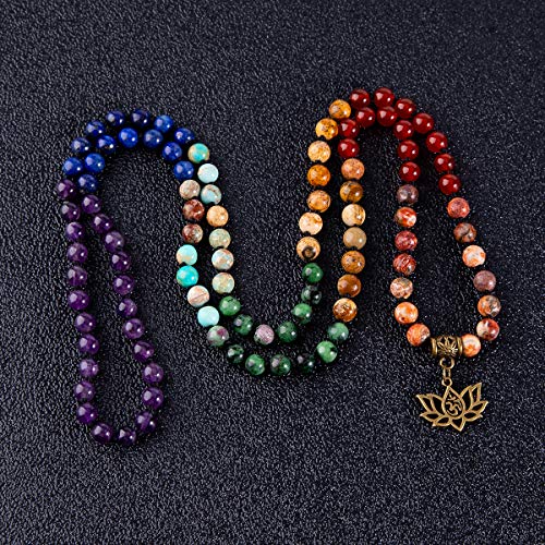 Bivei 7 Chakra 108 Mala Beads Bracelet Real Gemstone Yoga Meditation Hand Knotted Mala Prayer Bead Necklace - size: 6mm, style: # Lotus OM - 7 Chakras