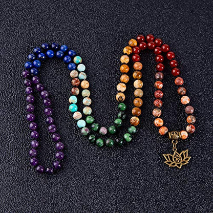 Bivei 7 Chakra 108 Mala Beads Bracelet Real Gemstone Yoga Meditation Hand Knotted Mala Prayer Bead Necklace - size: 6mm, style: # Lotus OM - 7 Chakras