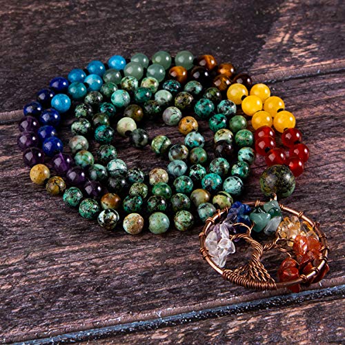 Bivei 108 Mala Beads Necklace Life Tree 7 Chakra Wrap Bracelet Real Healing Gemstone Yoga Meditation Hand Knotted Mala Prayer Bead Necklace - color: African Turquoise, size: 6mm