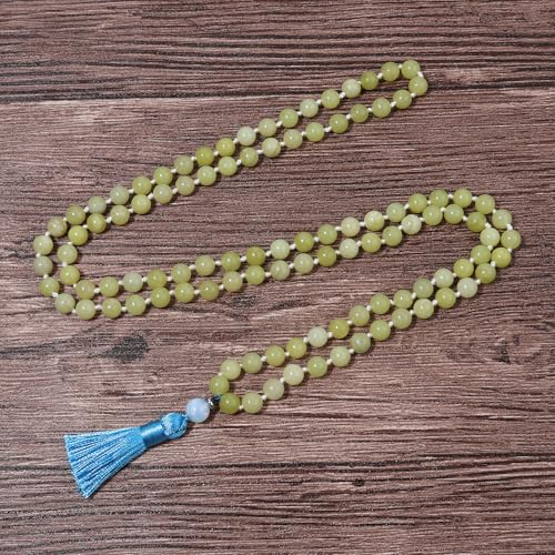8MM Beads Chakra Long Mala Necklace Natural Stone Meditation Statement Necklace Japa Yoga Buddhist Rosary Prayer Charm Beaded Tassel Necklace - color: Lemon Jade