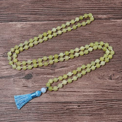 8MM Beads Chakra Long Mala Necklace Natural Stone Meditation Statement Necklace Japa Yoga Buddhist Rosary Prayer Charm Beaded Tassel Necklace - color: Lemon Jade