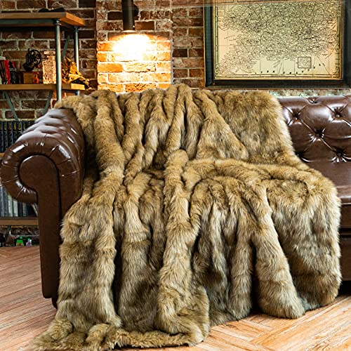 BATTILO HOME Luxury Golden Faux Fur Blanket, 60"x 80" Large Fur Throw Blankets for Bed, Couch, Soft Warm, Fuzzy, Fluffy, Golden with Back Tipped Blanket, Reversible to Plush Velvet - color: Ochre, size: 60"x80"