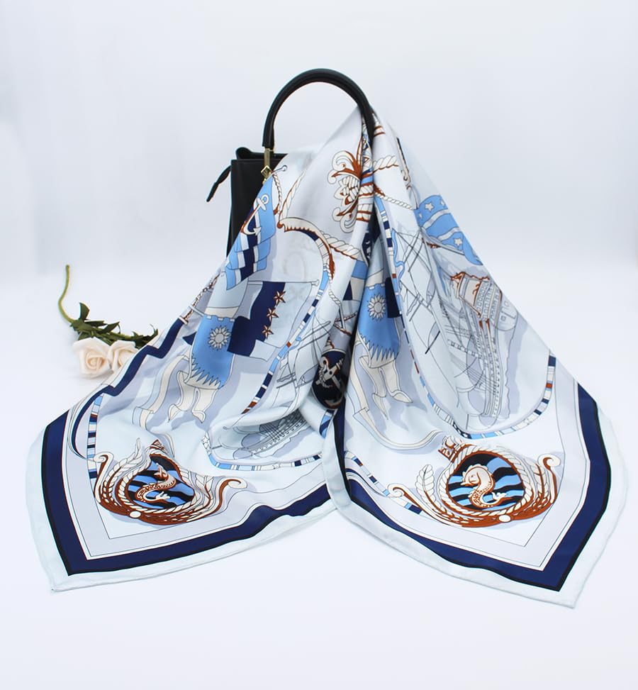 ANDANTINO 100% Silk Scarf 43" Large Square Lightweight Headscarf& Shawl–Women Hair Wraps-With Gift Packed - color: Nautical-blue&white