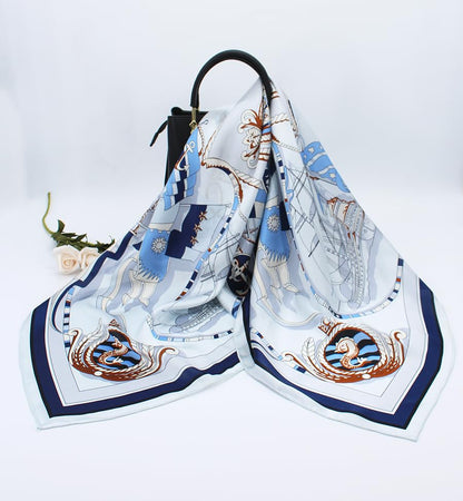 ANDANTINO 100% Silk Scarf 43" Large Square Lightweight Headscarf& Shawl–Women Hair Wraps-With Gift Packed - color: Nautical-blue&white