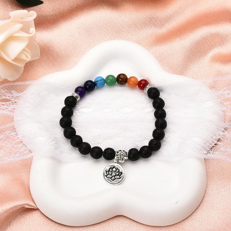 Chakra Bracelets for Women Men 8mm Buddhist Yoga Bead Bracelet with Black Lava Stone Bracelet Elastic Meditation Accessories - color: Color B