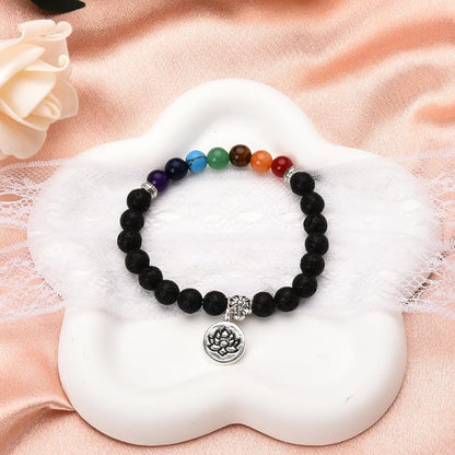 Chakra Bracelets for Women Men 8mm Buddhist Yoga Bead Bracelet with Black Lava Stone Bracelet Elastic Meditation Accessories - color: Color B
