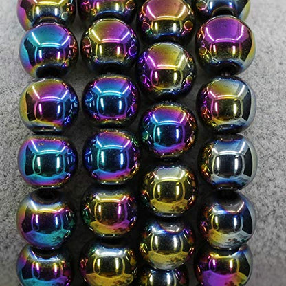 Amandastone Natural Gemstone 10mm Round Beads Stretch Bracelet 7 Inch - color: Aqua Aura Hematite