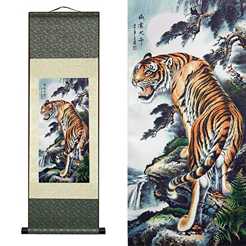 AtfArt Asian Wall Decor Beautiful Silk Scroll Painting Deterrence Tiger Oriental Decor Chinese Art Wall Scroll Wall Hanging Painting Scroll (36.2 x 12 in) - color: B1