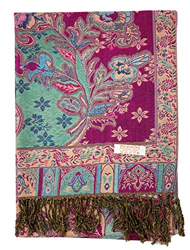 Plum Feathers Tapestry Ethnic Paisley Pattern Pashmina Shawl Scarf, Womens Pashmina Shawl Wrap with Fringes - color: Fuchsia Turquoise Tropical Paisley