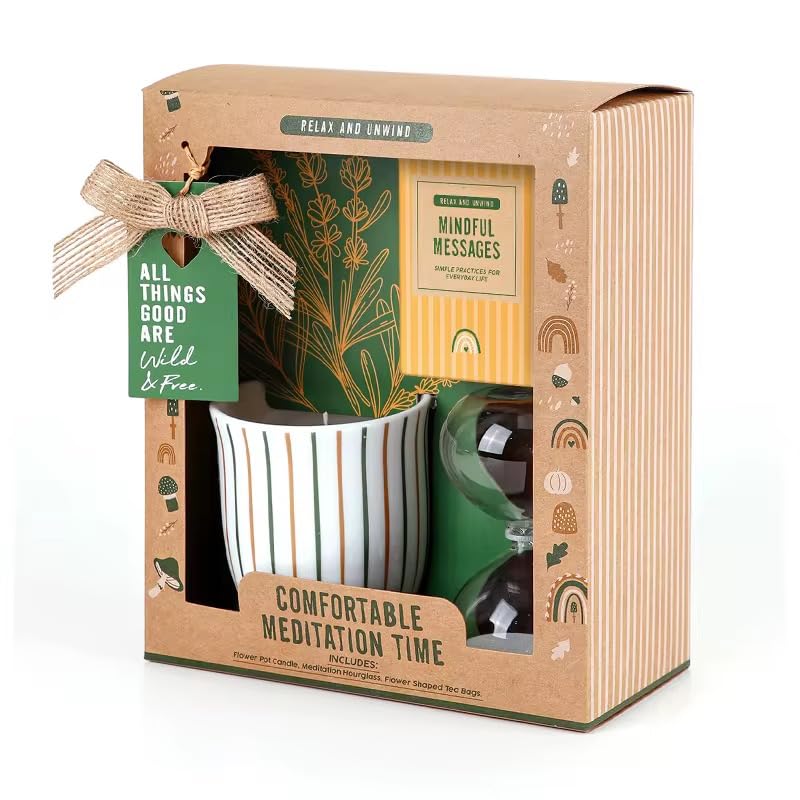 Wellness Gifts Sets for Self-Care|Wellness Meditation Set Mindfulness Card|Eco-Friendly Scented Candle in Ceramic Jar|Hourglass