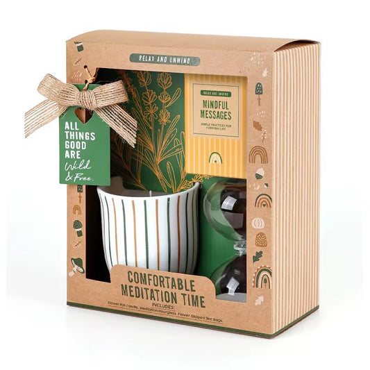 Wellness Gifts Sets for Self-Care|Wellness Meditation Set Mindfulness Card|Eco-Friendly Scented Candle in Ceramic Jar|Hourglass