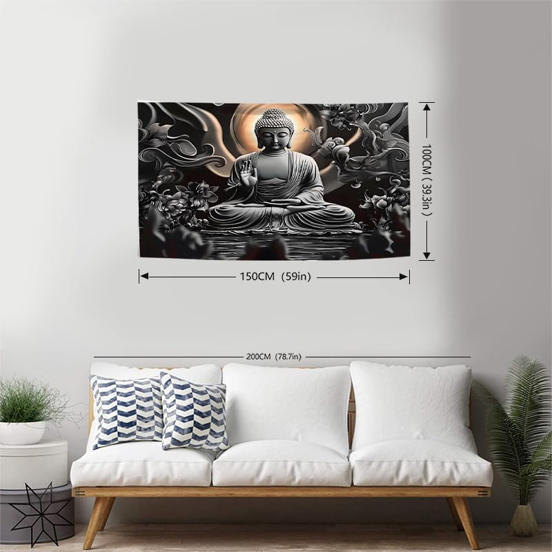FENDROM Meditation Tapestry,Black Lotus Spiritual Gloden Buddha Zen Happiness Wall Hanging Large Psychedelic Tapestries Decorations Bedroom Living Room Dorm