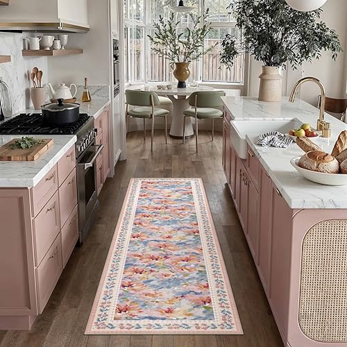 2x6 Washable Runner Rug Pink Blue Floral Abstract Hallway Kitchen Throw Rug Modern Non Slip Soft Low Pile Carpet for Bathroom Laundry Bedroom Living Room - color: Floral | Pink Blue, size: 2' x 6' (Runner)