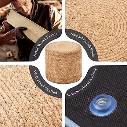 18'' Pouf Ottoman, Natural Braided Poof, Round Poufs, Rustic Handweave Lounge Pouffe, Boho Footrest Stool for Bedroom, Accent Table or Seat for Patio, Living Room - color: 18inch Natural Water Hyacinth Braid