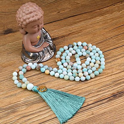 COAI OM Charm Hand Knotted Tassel 108 Mala Beads Necklace - color: Matte Amazonite, size: 8mm